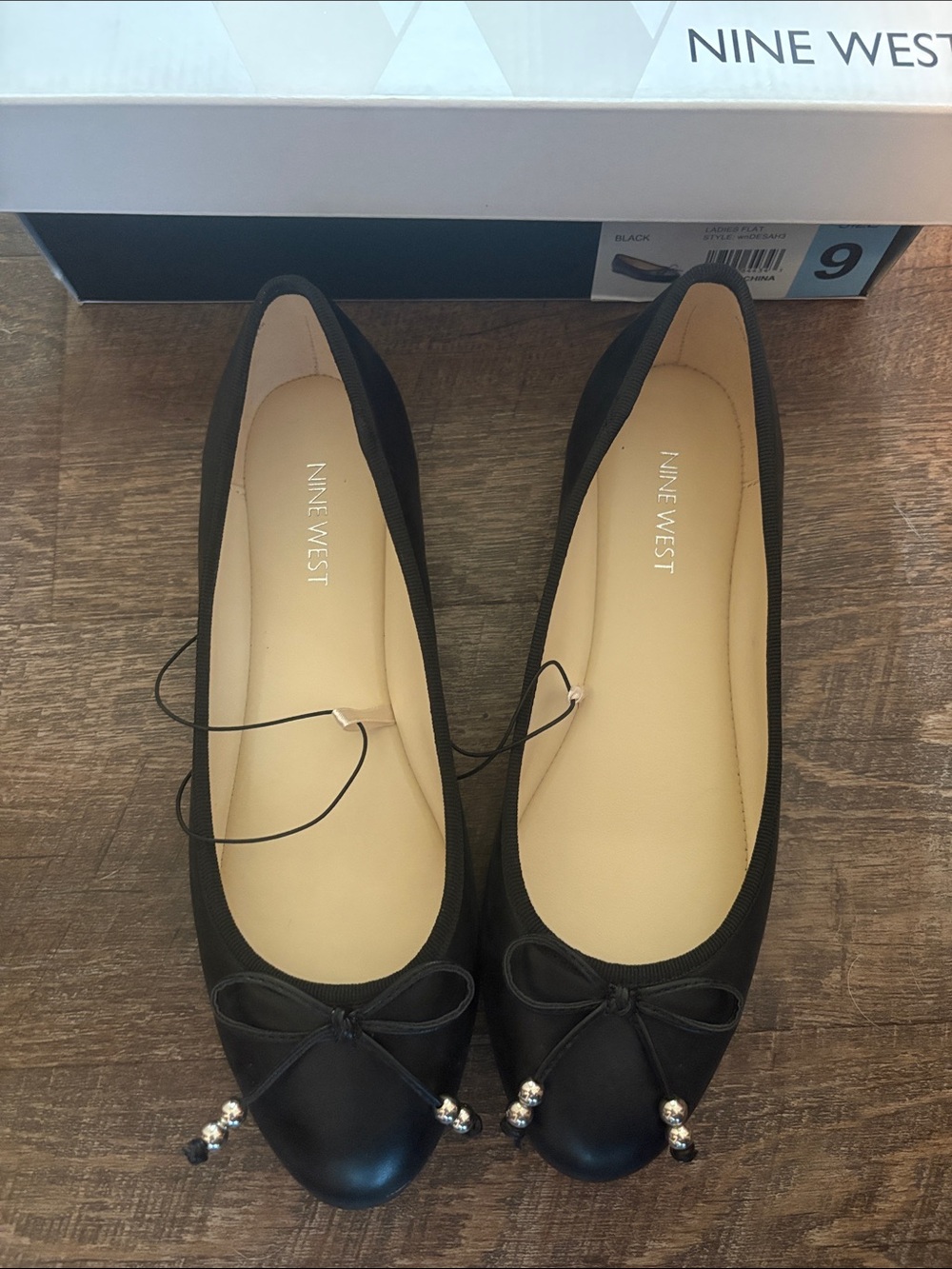 Nine West Black Ballet Flats with Bow and Bead Detail